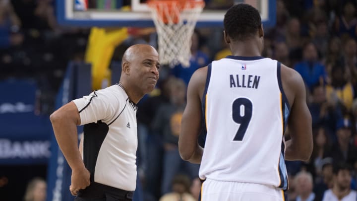 March 26, 2017; Oakland, CA, USA; NBA referee Derrick Stafford (9, left) talks to Memphis Grizzlies guard Tony Allen (9, right) before the game against the Golden State Warriors at Oracle Arena. The Warriors defeated the Grizzlies 106-94. Mandatory Credit: Kyle Terada-USA TODAY Sports