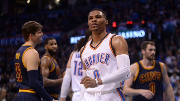 Feb 9, 2017; Oklahoma City, OK, USA; Oklahoma City Thunder guard Russell Westbrook (0) reacts after a play against the Cleveland Cavaliers during the fourth quarter at Chesapeake Energy Arena. Mandatory Credit: Mark D. Smith-USA TODAY Sports