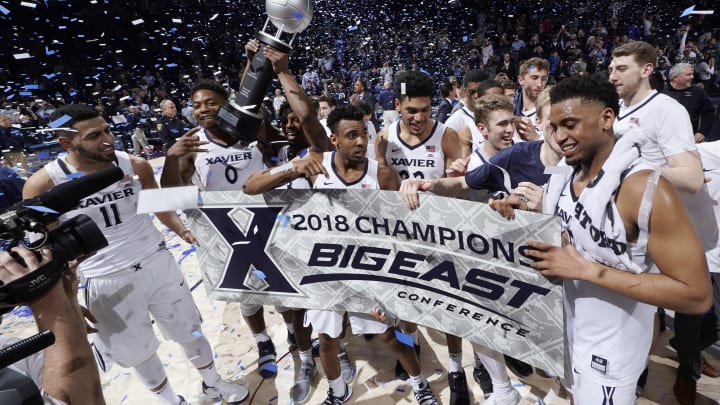 CINCINNATI, OH – FEBRUARY 28: Xavier Musketeers players celebrate after winning the Big East Conference regular season title with an 84-74 win over the Providence Friars at Cintas Center on February 28, 2018 in Cincinnati, Ohio. (Photo by Joe Robbins/Getty Images)