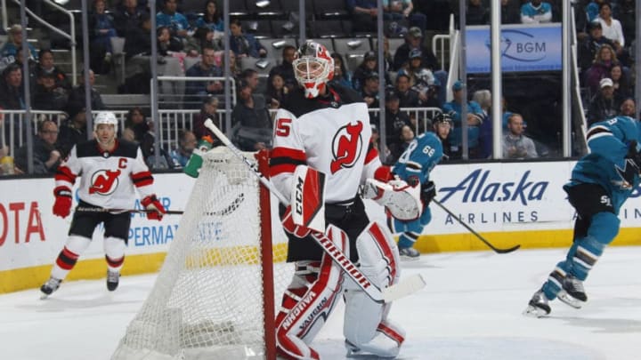 SAN JOSE, CA - MARCH 20: Cory Schneider #35 of the New Jersey Devils defends the net against the San Jose Sharks at SAP Center on March 20, 2018 in San Jose, California. (Photo by Rocky W. Widner/NHL/Getty Images) *** Local Caption *** Cory Schneider