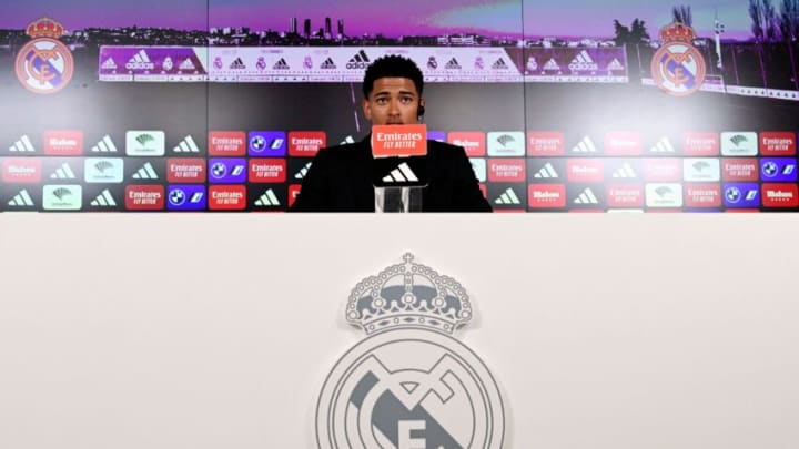 English midfielder Jude Bellingham gives a press conference during his presentation as new player of Real Madrid. (Photo by JAVIER SORIANO/AFP via Getty Images)