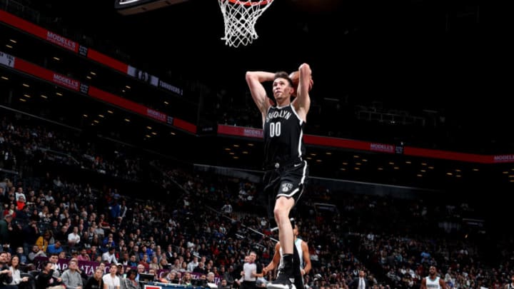 BROOKLYN, NY - DECEMBER 26: Rodions Kurucs #00 of the Brooklyn Nets shoots the ball against the Charlotte Hornets on December 26, 2018 at Barclays Center in Brooklyn, New York. NOTE TO USER: User expressly acknowledges and agrees that, by downloading and or using this Photograph, user is consenting to the terms and conditions of the Getty Images License Agreement. Mandatory Copyright Notice: Copyright 2018 NBAE (Photo by Nathaniel S. Butler/NBAE via Getty Images)