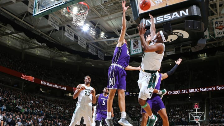 EAST LANSING, MI – JANUARY 02: Cassius Winston #5 of the Michigan State Spartans shoots over Barret Benson #25 of the Northwestern Wildcats in the first half at Breslin Center on January 2, 2019 in East Lansing, Michigan. (Photo by Rey Del Rio/Getty Images)