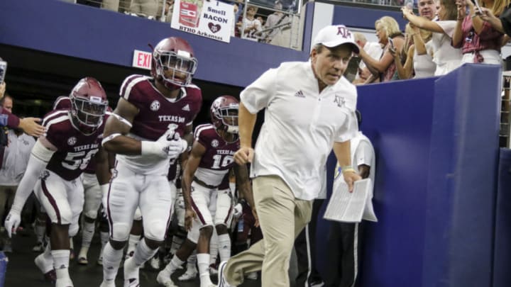 ARLINGTON, TX - SEPTEMBER 29: Texas A&M Aggies head coach Jimbo Fisher leads his team onto the field before the game between the Arkansas Razorbacks and the Texas A&M Aggies on September 29, 2018 at AT&T Stadium in Arlington, Texas. (Photo by Matthew Pearce/Icon Sportswire via Getty Images)