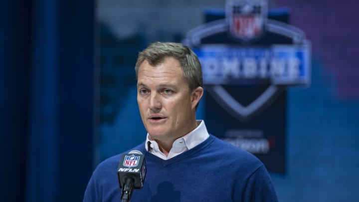 INDIANAPOLIS, IN – FEBRUARY 25: General managers John Lynch of the San Francisco 49ers speaks to the media at the Indiana Convention Center on February 25, 2020 in Indianapolis, Indiana. (Photo by Michael Hickey/Getty Images) *** Local Capture *** John Lynch