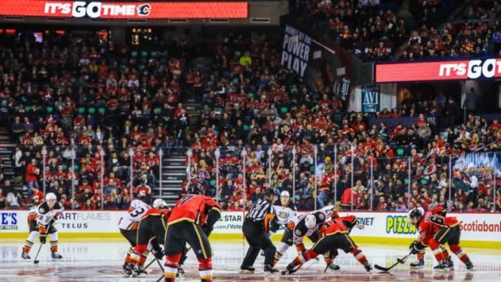 Dec 29, 2016; Calgary, Alberta, CAN; General view of the Calgary Flames and Anaheim Ducks face off during the second period at Scotiabank Saddledome. Mandatory Credit: Sergei Belski-USA TODAY Sports