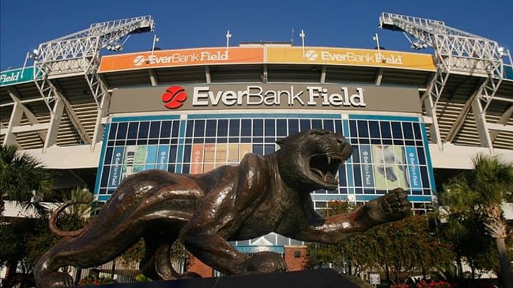May 13, 2013; Jacksonville, FL, USA; A general view of the jaguar statue outside EverBank Field after organized team activities nearby at The Florida Blue Health