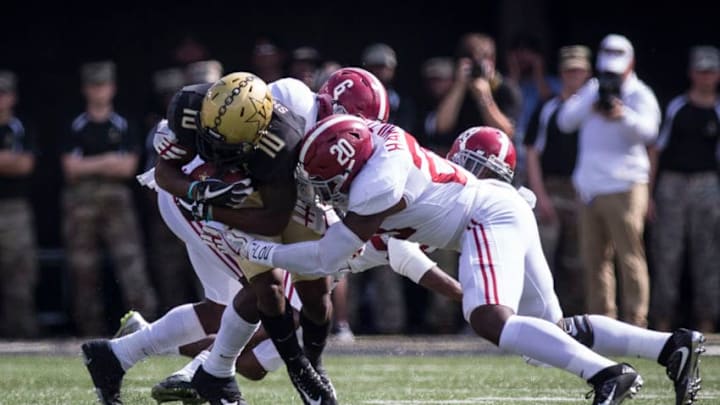 NASHVILLE, TN - SEPTEMBER 23: Vanderbilt (10) Trent Sherfield (WR) is tackled by Alabama Crimson Tide inside linebacker Shaun Dion Hamilton (20) during a college football game between the Vanderbilt Commodores and the Alabama Crimson Tide on September 23, 2017 at Commodore Stadium in Nashville, TN. (Photo by Jamie Gilliam/Icon Sportswire via Getty Images) NASHVILLE, TN - SEPTEMBER 23: Vanderbilt (10) Trent Sherfield (WR) is tackled by Alabama Crimson Tide inside linebacker Shaun Dion Hamilton (20) during a college football game between the Vanderbilt Commodores and the Alabama Crimson Tide on September 23, 2017 at Commodore Stadium in Nashville, TN. (Photo by Jamie Gilliam/Icon Sportswire via Getty Images)