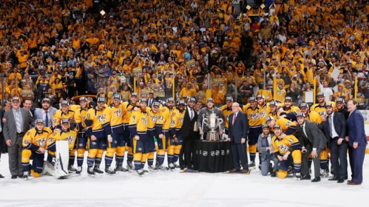 NASHVILLE, TN - MAY 22: The Nashville Predators celebrate with the Clarence S. Campbell Bowl after defeating the Anaheim Ducks 6 to 3 in Game Six of the Western Conference Final during the 2017 Stanley Cup Playoffs at Bridgestone Arena on May 22, 2017 in Nashville, Tennessee. (Photo by Frederick Breedon/Getty Images)