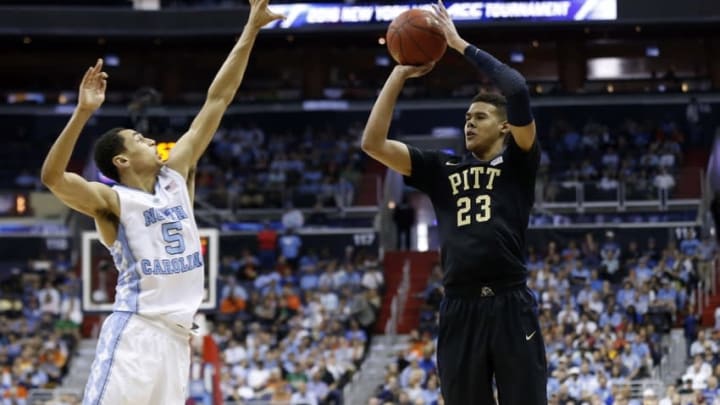 Mar 10, 2016; Washington, DC, USA; Pittsburgh Panthers guard Cameron Johnson (23) shoots the ball over North Carolina Tar Heels guard Marcus Paige (5) in the second half during day three of the ACC conference tournament at Verizon Center. The Tar Heels won 88-71. Mandatory Credit: Geoff Burke-USA TODAY Sports