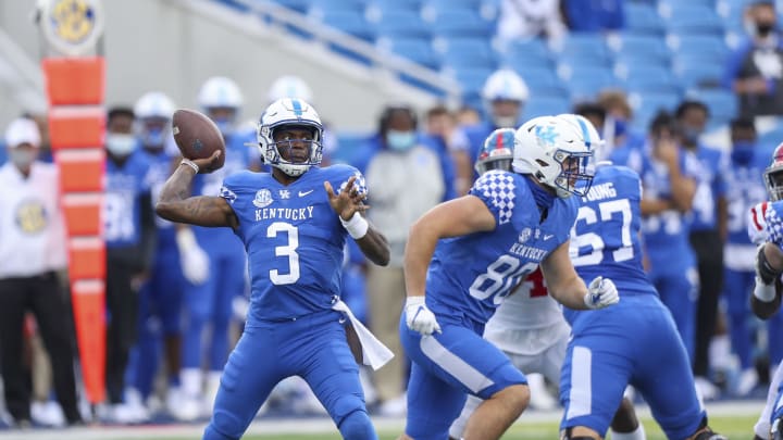 Oct 3, 2020; Lexington, Kentucky, USA; Kentucky Wildcats quarterback Terry Wilson (3) throws a pass in the first half against Mississippi at Kroger Field. Mandatory Credit: Katie Stratman-USA TODAY Sports