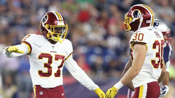 FOXBOROUGH, MA – AUGUST 9 : Fish Smithson #37 of the Washington Redskins and Troy Apke #30 celebrate during the preseason game between the New England Patriots and the Washington Redskins at Gillette Stadium on August 9, 2018 in Foxborough, Massachusetts. (Photo by Maddie Meyer/Getty Images)