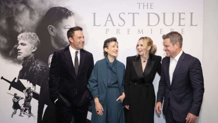 NEW YORK, NEW YORK - OCTOBER 09: (L-R) Ben Affleck, Harriet Walter, Jodie Comer, and Matt Damon attend The Last Duel New York Premiere on October 09, 2021 in New York City. (Photo by Michael Loccisano/Getty Images for 20th Century Studios)