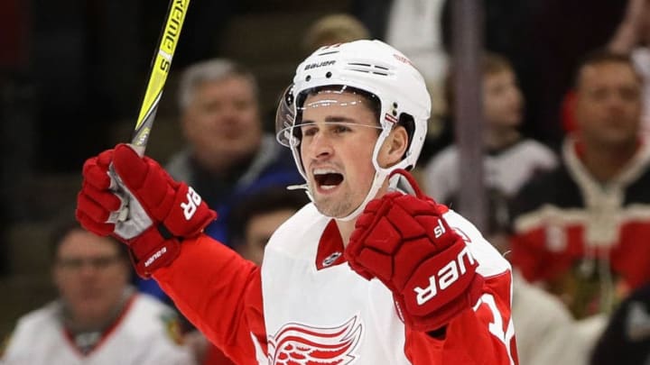 CHICAGO, IL - JANUARY 14: Dylan Larkin #71 of the Detroit Red Wings celebrates after scoring a first period goal against the Chicago Blackhawks at the United Center on January 14, 2018 in Chicago, Illinois. (Photo by Jonathan Daniel/Getty Images)