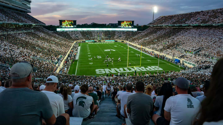 EAST LANSING, MI – SEPTEMBER 02: Sunset view of Spartan Stadium during the second quarter of the Michigan State vs. Western Michigan game on September 2, 2022. Michigan State University defeated Western Michigan University 35-13. (Photo by Jaime Crawford/Getty Images)