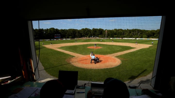 BREWSTER, MA - AUGUST 13: A view of the field from the announcers box during game three of the Cape Cod League Championship Series between the Bourne Braves and the Brewster Whitecaps at Stony Brook Field on August 13, 2017 in Brewster, Massachusetts. The Cape Cod League was founded in 1885 and is the premier summer baseball league for college athletes. Over 1100 of these student athletes have gone on to compete in MLB including Chris Sale, Carlton Fisk, Joe Girardi, Nomar Garciaparra and Jason Varitek. The chance to see future big league stars up close makes Cape Cod League games a popular activity for the families in each of the 10 towns on the Cape to host a team. Each team is a non-profit organization, relying on labor from volunteers and donations from spectators to run each year. (Photo by Maddie Meyer/Getty Images)