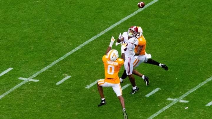 Alabama wide receiver John Metchie III (8) looks for the ball during the Alabama and Tennessee football game at Neyland Stadium at the University of Tennessee in Knoxville, Tenn., on Saturday, Oct. 24, 2020.Tennessee Vs Alabama Football 100836