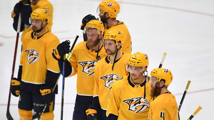 Nashville Predators players. Mandatory Credit: Christopher Hanewinckel-USA TODAY Sports