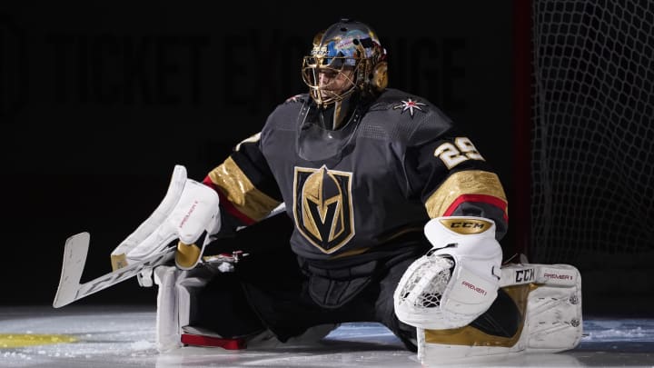 LAS VEGAS, NEVADA – NOVEMBER 19: Marc-Andre Fleury #29 of the Vegas Golden Knights warms up prior to a game against the Toronto Maple Leafs at T-Mobile Arena on November 19, 2019 in Las Vegas, Nevada. (Photo by Jeff Bottari/NHLI via Getty Images)