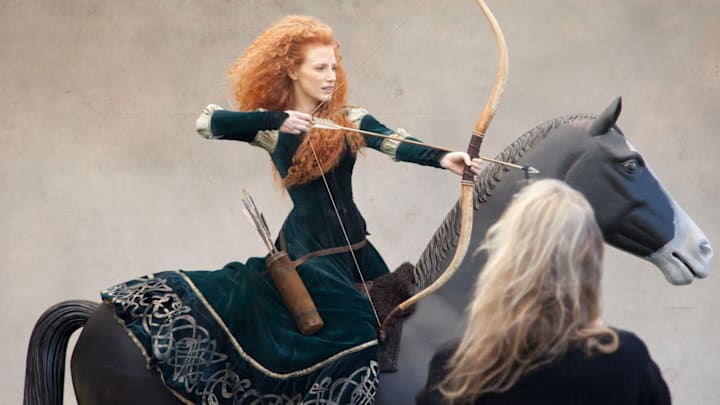 BEHIND THE SCENES WITH JESSICA CHASTAIN AS PRINCESS MERIDA -- In this handout photo provided by Disney Parks, taken September 25, 2013 in Cold Spring, NY, Jessica Chastain poses for acclaimed photographer Annie Leibovitz as Merida, the adventurous princess from 'Brave.' The newest "Disney Dream Portrait" was commissioned by Disney Parks for their ongoing celebrity advertising campaign which debuted in 2007. The Leibovitz image, which will appear in the February issue of 'O - The Oprah Magazine,' is entitled, 'Where your destiny awaits.' (Photo by Scott Brinegar/Disney Parks via Getty Images)