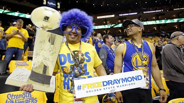 Jun 13, 2016; Oakland, CA, USA; Golden State Warriors fan Phil Eugenio pose before game five of the NBA Finals between the Golden State Warriors and the Cleveland Cavaliers at Oracle Arena. Mandatory Credit: Kelley L Cox-USA TODAY Sports
