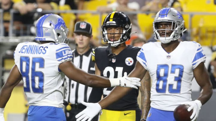 Aug 21, 2021; Pittsburgh, Pennsylvania, USA; Detroit Lions wide receiver Darius Jennings (86) congratulates wide receiver Javon McKinley (83) on his touchdown against the Pittsburgh Steelers during the fourth quarter at Heinz Field. Pittsburgh won 26-20. Mandatory Credit: Charles LeClaire-USA TODAY Sports