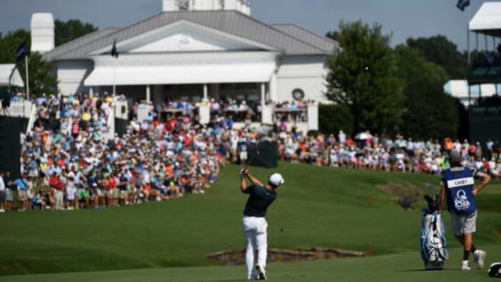 CHARLOTTE, NC – AUGUST 10: Paul Casey of England plays his shot on the 18th hole during the first round of the 2017 PGA Championship at Quail Hollow Club on August 10, 2017 in Charlotte, North Carolina. (Photo by Ross Kinnaird/Getty Images)