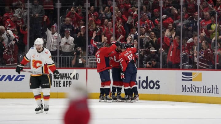 WASHINGTON, DC - NOVEMBER 03: Jakub Vrana #13 of the Washington Capitals celebrates after scoring his third goal of the game for a hat trick in the second period against the Calgary Flames at Capital One Arena on November 3, 2019 in Washington, DC. (Photo by Patrick McDermott/NHLI via Getty Images)