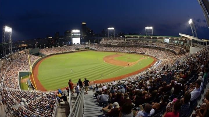 Jun 25, 2013; Omaha, NE, USA; General view of TD Ameritrade Park during the sixth inning in game 2 of the College World Series finals between the UCLA Bruins and the Mississippi State Bulldogs. Mandatory Credit: Kyle Terada-USA TODAY Sports