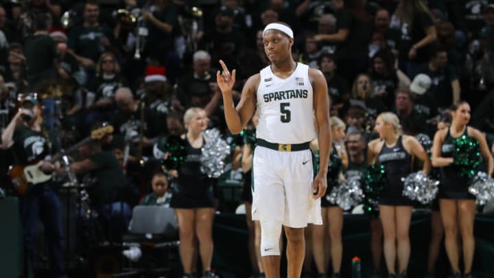 EAST LANSING, MI - DECEMBER 21: Cassius Winston #5 of the Michigan State Spartans looks on in the second half against the Eastern Michigan Eagles at Breslin Center on December 21, 2019 in East Lansing, Michigan. (Photo by Rey Del Rio/Getty Images)