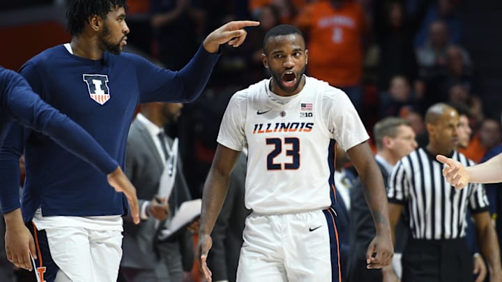 CHAMPAIGN, IL – JANUARY 10: Illinois Fighting Illini guard Aaron Jordan (23) celebrates after hitting a three point shot during the Big Ten Conference college basketball game between the Michigan Wolverines and the Illinois Fighting Illini on January 10, 2019, at the State Farm Center in Champaign, Illinois. (Photo by Michael Allio/Icon Sportswire via Getty Images)