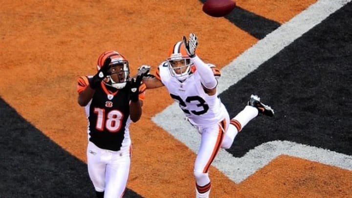Nov 27, 2011; Cincinnati, OH, USA; Cincinnati Bengals wide receiver A.J. Green (18) is unable to make a catch while being defended by Cleveland Browns cornerback Joe Haden (23) during the third quarter at Paul Brown Stadium. Mandatory Credit: Andrew Weber-USA TODAY Sports