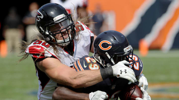 CHICAGO, IL - SEPTEMBER 10: Brooks Reed #50 of the Atlanta Falcons tackles Tarik Cohen #29 of the Chicago Bears in the third quarter at Soldier Field on September 10, 2017 in Chicago, Illinois. (Photo by Jonathan Daniel/Getty Images)