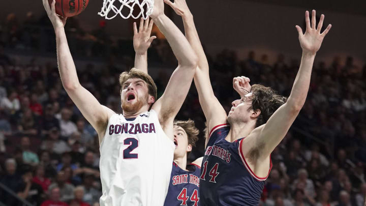 March 10, 2020; Las Vegas, NV, USA; Gonzaga Bulldogs forward Drew Timme (2) shoots the basketball against Saint Mary’s Gaels forward Kyle Bowen (14) during the first half during the championship game in the WCC Basketball Tournament at Orleans Arena. Mandatory Credit: Kyle Terada-USA TODAY Sports