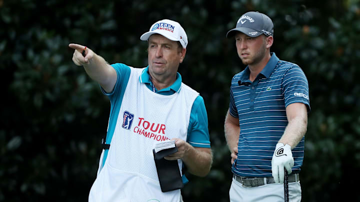 ATLANTA, GA – SEPTEMBER 21: Daniel Berger of the United States and his caddie Grant Berry prepare to play a shot from the 17th tee during the first round of the TOUR Championship at East Lake Golf Club on September 21, 2017 in Atlanta, Georgia. (Photo by Sam Greenwood/Getty Images)