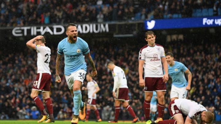 MANCHESTER, ENGLAND - OCTOBER 21: Nicolas Otamendi of Manchester City celebrates scoring the 2nd Manchester City goal during the Premier League match between Manchester City and Burnley at Etihad Stadium on October 21, 2017 in Manchester, England. (Photo by Shaun Botterill/Getty Images)