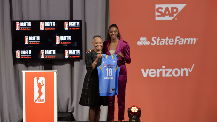 NEW YORK, NY – APRIL 12: Diamond DeShields stands with WNBA President Lisa Borders after being selected