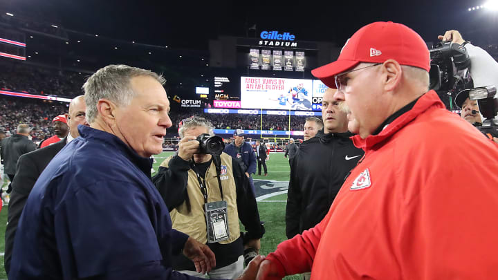 New England Patriots head coach Bill Belichick shaking hands with Kansas City Chiefs head coach Andy Reid  (Photo by Matthew J. Lee/The Boston Globe via Getty Images)