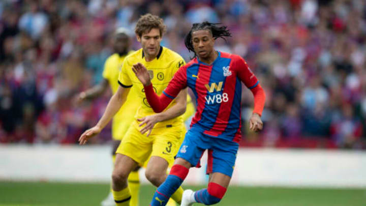 LONDON, ENGLAND – APRIL 17: Marcos Alonso of Chelsea and Michael Olise of Crystal Palace during The FA Cup Semi-Final match between Chelsea and Crystal Palace at Wembley Stadium on April 17, 2022 in London, England. (Photo by Visionhaus/Getty Images)