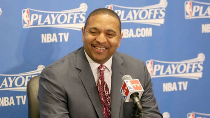LOS ANGELES, CA - APRIL 29: Head coach Mark Jackson of the Golden State Warriors laughs after being asked a question at a press conference before playing the Los Angeles Clippers in Game Five of the Western Conference Quarterfinals during the 2014 NBA Playoffs at Staples Center on April 29, 2014 in Los Angeles, California. NOTE TO USER: User expressly acknowledges and agrees that, by downloading and or using this photograph, User is consenting to the terms and conditions of the Getty Images License Agreement. (Photo by Stephen Dunn/Getty Images)