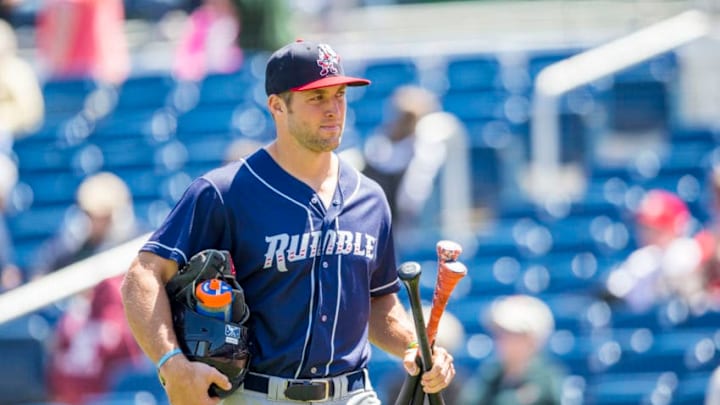 PORTLAND, ME - MAY 13: Tim Tebow #15 of the Binghamton Rumble Ponies walks to the dugout before the start of the game between the Portland Sea Dogs and the Binghamton Rumble Ponies at Hadlock Field on May 13, 2018 in Portland, Maine. (Photo by Zachary Roy/Getty Images)