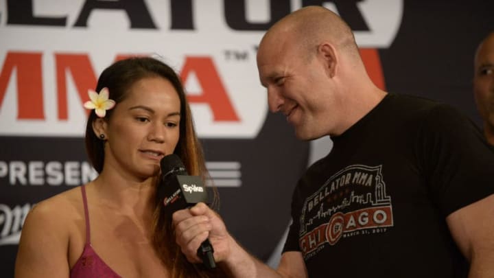 UNCASVILLE, CT - APRIL 20: Ilima-Lei Macfarlane pose for photos at the weigh-in. Ilima-Lei Macfarlane will be challenging Jessica Middleton at Flyweight in Bellator 178 on April 20, 2017 at the Mohegan Sun Arena in Uncasville, Connecticut. (Photo by Williams Paul/Icon Sportswire via Getty Images)