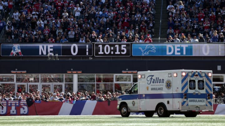 FOXBOROUGH, MASSACHUSETTS - OCTOBER 09: Saivion Smith #29 of the New England Patriots is taken away in an ambulance after suffering an injury during the first quarter against the Detroit Lions at Gillette Stadium on October 09, 2022 in Foxborough, Massachusetts. (Photo by Nick Grace/Getty Images)