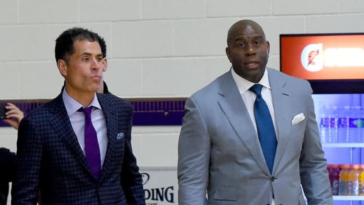LOS ANGELES, CA - JUNE 23: Magic Johnson, president of basketball operations and Rob Pelinka, general manager of the Los Angeles Lakers, arrive for a press conference on June 23, 2017 at the team training faculity in Los Angeles, California. (Photo by Jayne Kamin-Oncea/Getty Images)