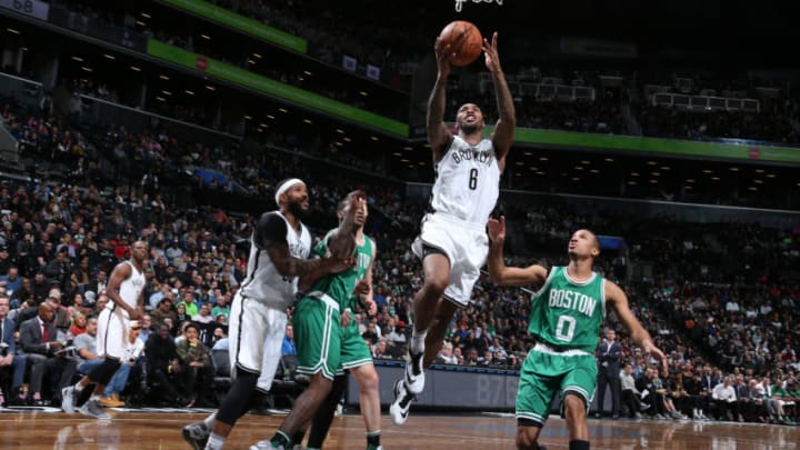 BROOKLYN, NY - NOVEMBER 23: Sean Kilpatrick #6 of the Brooklyn Nets shoots the ball against the Boston Celtics on November 23, 2016 at Barclays Center in Brooklyn, New York. NOTE TO USER: User expressly acknowledges and agrees that, by downloading and or using this Photograph, user is consenting to the terms and conditions of the Getty Images License Agreement. Mandatory Copyright Notice: Copyright 2016 NBAE (Photo by Nathaniel S. Butler/NBAE via Getty Images)