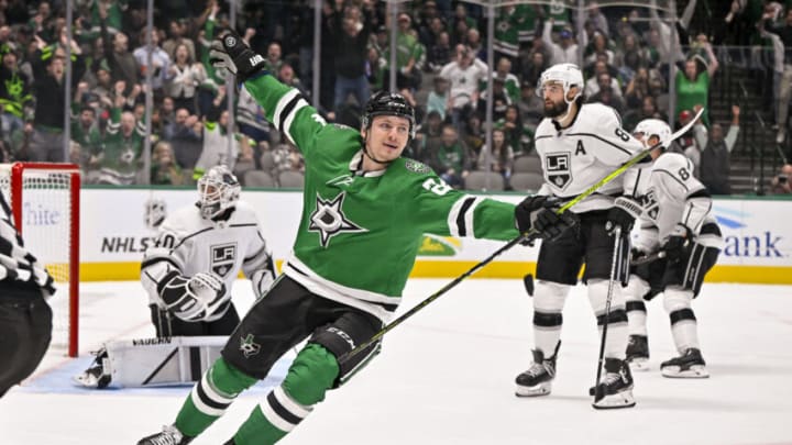 Nov 1, 2022; Dallas, Texas, USA; Dallas Stars center Roope Hintz (24) celebrates scoring a goal against Los Angeles Kings goaltender Cal Petersen (40) during the second period at the American Airlines Center. Mandatory Credit: Jerome Miron-USA TODAY Sports
