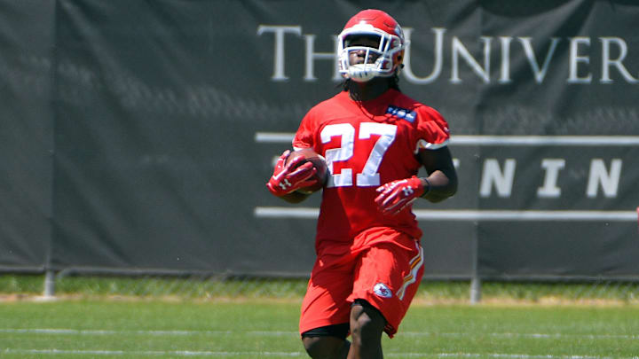 May 6, 2017; Kansas City, MO, USA; Kansas City Chiefs running back Kareem Hunt (27) runs drills during the rookie mini camp at the University of Kansas Hospital Training Complex. Mandatory Credit: Denny Medley-USA TODAY Sports