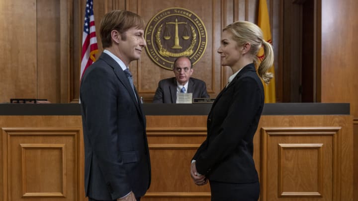 Bob Odenkirk as Jimmy McGill, Rhea Seehorn as Kim Wexler – Better Call Saul _ Season 5, Episode 7 – Photo Credit: Greg Lewis/AMC/Sony Pictures Television