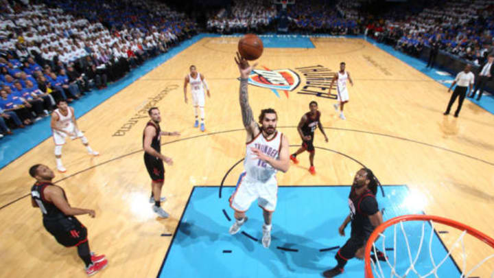 OKLAHOMA CITY, OK- APRIL 21: Steven Adams #12 of the OKC Thunder shoots the ball against the Houston Rockets during Game Three of the Western Conference Quarterfinals of the 2017 NBA Playoffs on April 21, 2017 at Chesapeake Energy Arena in Oklahoma City, Oklahoma. Copyright 2017 NBAE (Photo by Nathaniel S. Butler/NBAE via Getty Images)