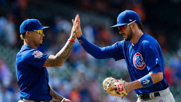 BALTIMORE, MD - JULY 16: Kris Bryant #17 of the Chicago Cubs celebrates with teammate Javier Baez #9 after the Cubs defeated the Baltimore Orioles 8-0 during a game at Oriole Park at Camden Yards on July 16, 2017 in Baltimore, Maryland. (Photo by Patrick McDermott/Getty Images)